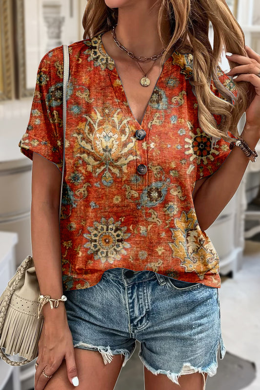 Vintage Ethnic Print V-Neck T-Shirt