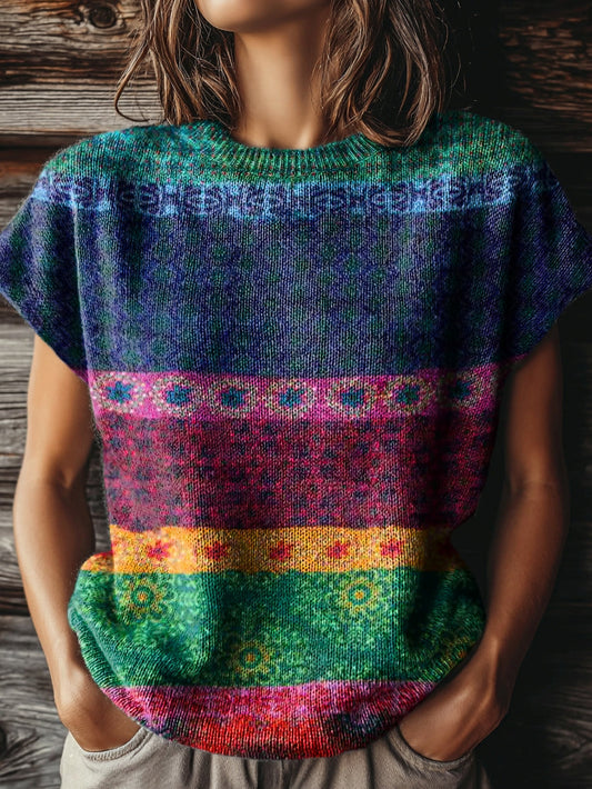 Women's Vintage Ethnic Art Print Casual Crew Neck Short Sleeve Knitted Sweater