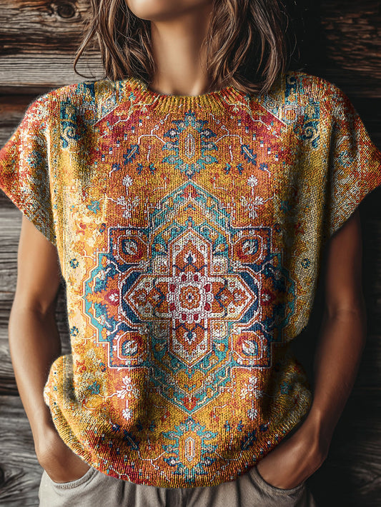 Women's Vintage Ethnic Floral Art Print Casual Crew Neck Short Sleeve Knitted Sweater