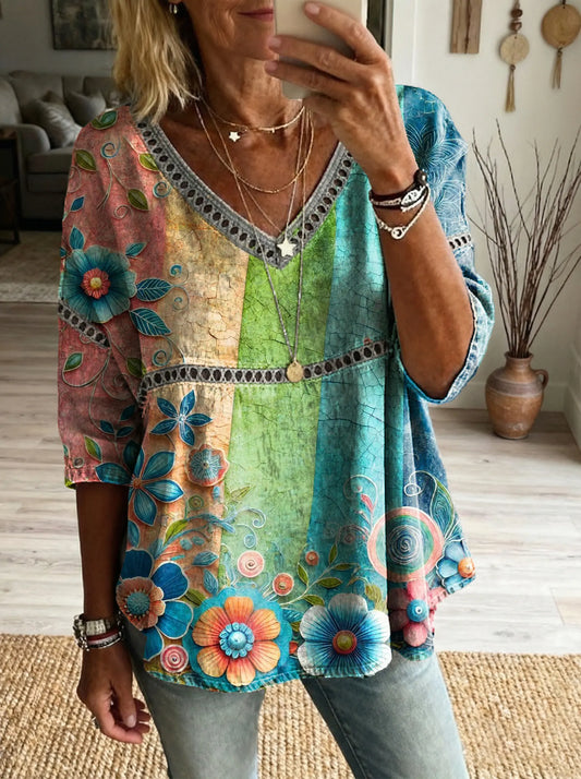 Women's Floral Pattern Art Print Casual V-neck Lace-up Top