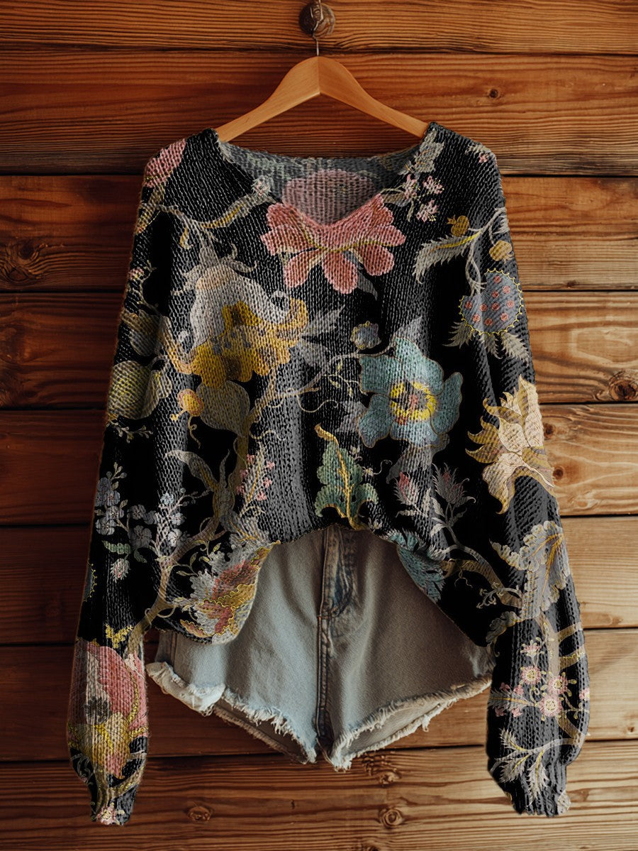 Women's Retro Ethnic Flowers Art Casual Pullover Sweater