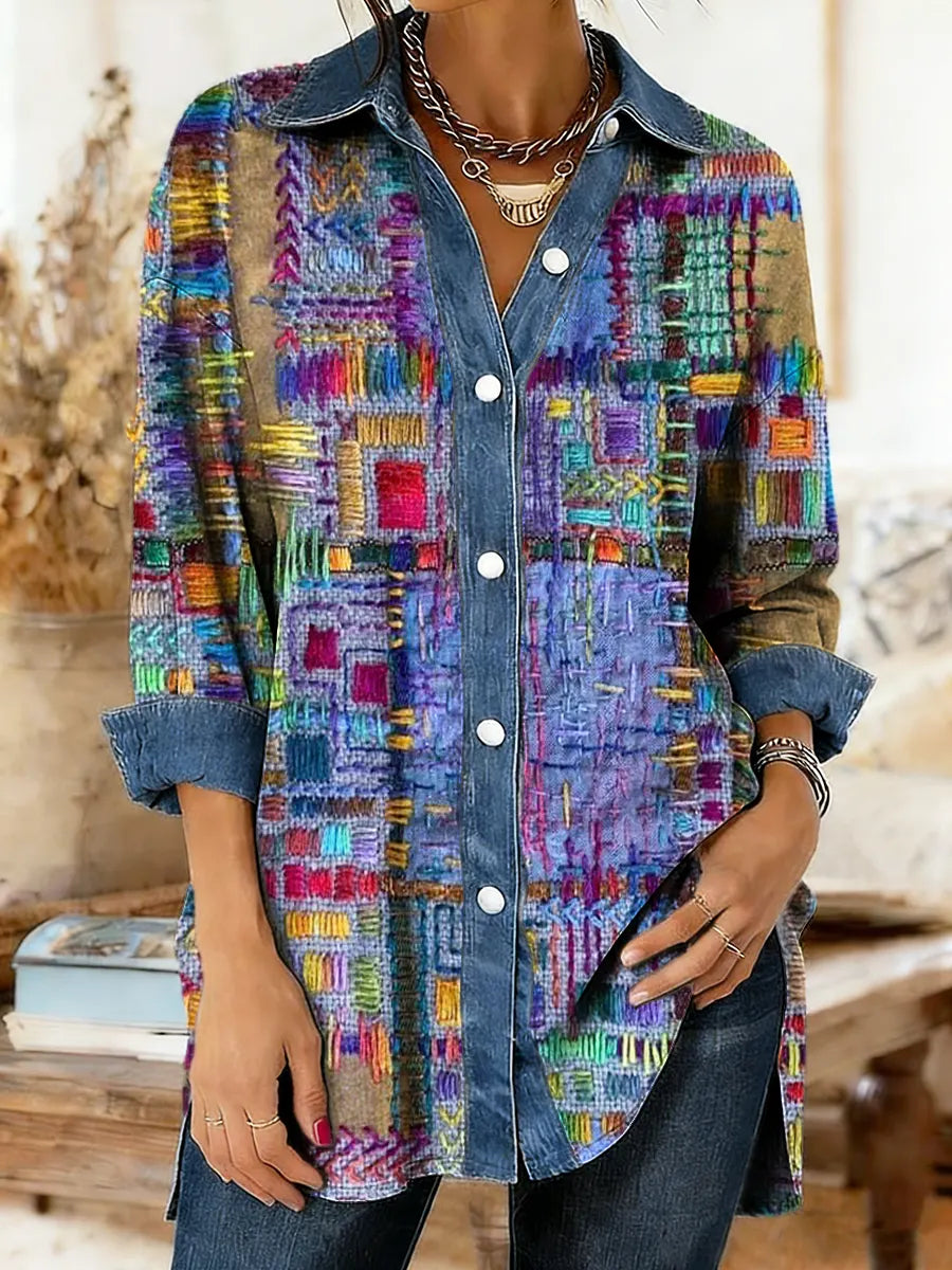 Women's Ethnic Patchwork Art Pattern Print Denim Patchwork Casual Shirt