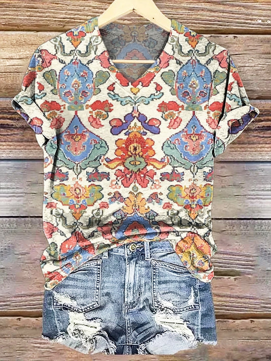 Women's Retro Ethnic Totem Print Casual V-neck Cotton T-shirt