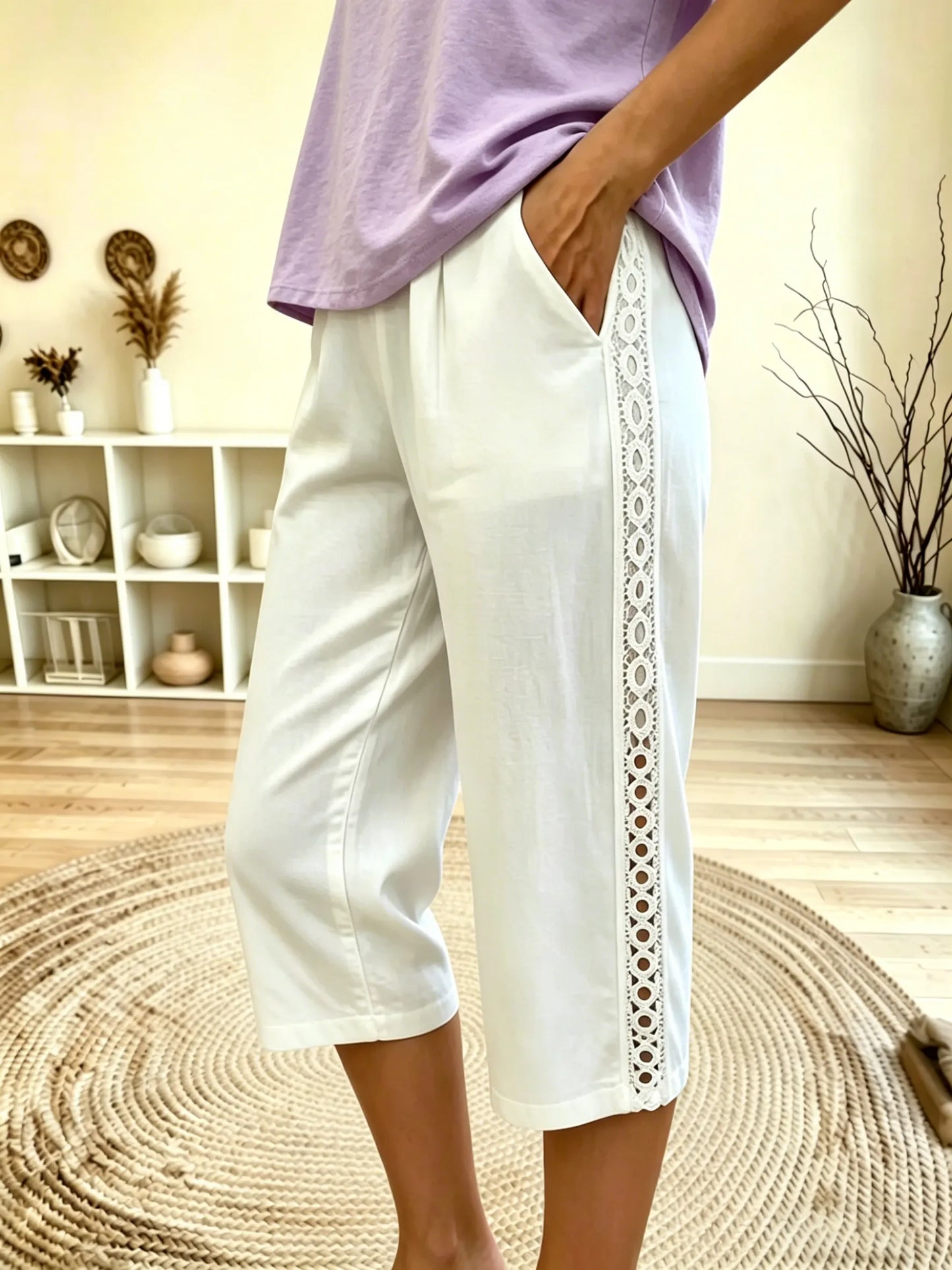 Women's Lace Trim Capri Cotton Cropped Pants