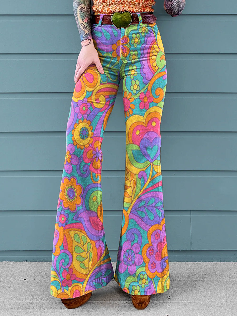 Women's Colorful Flower Power Pattern Print Casual Wide Leg Pants