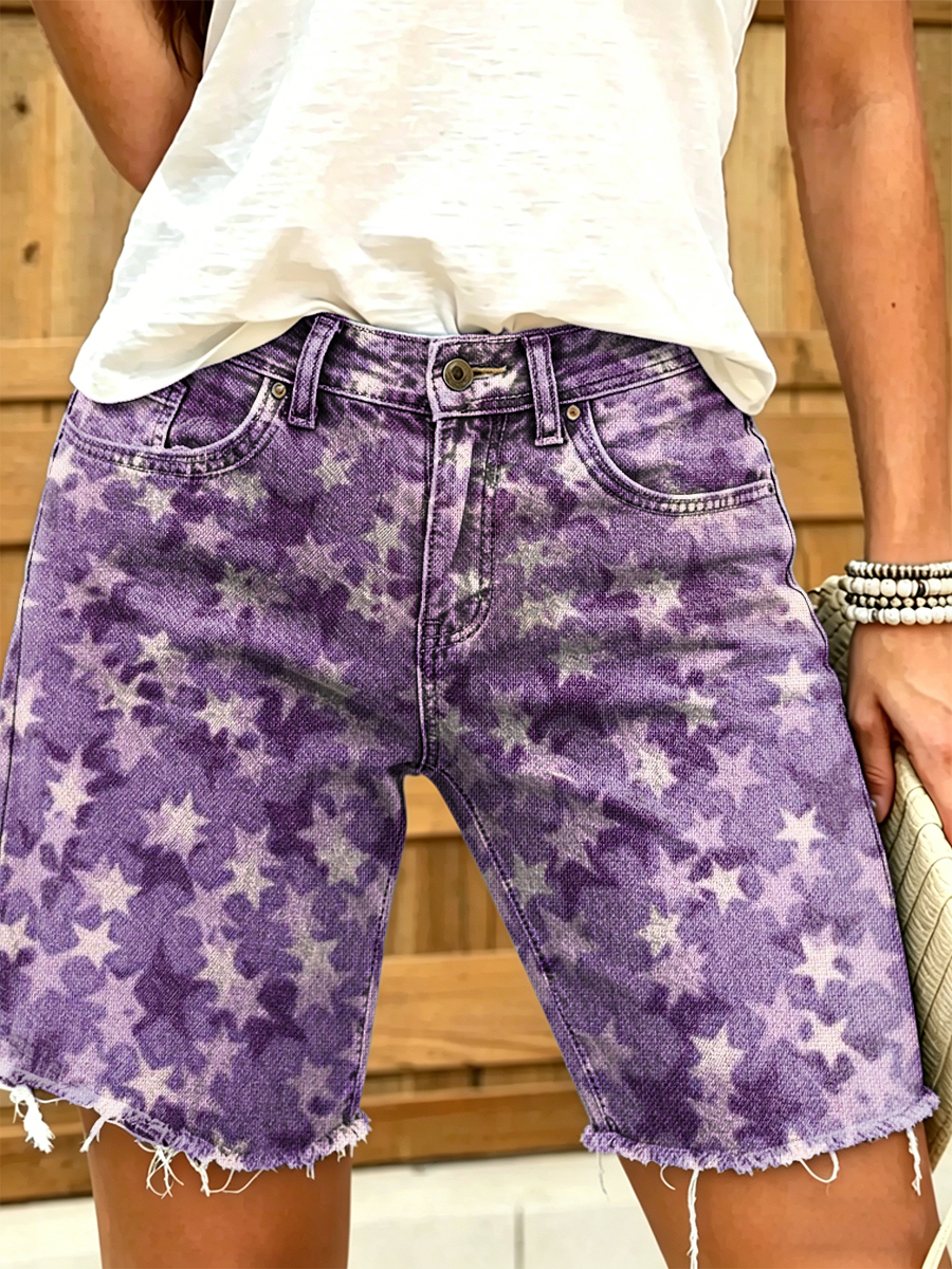 Women's Retro Star Art Print Casual Washed Cotton Denim Shorts