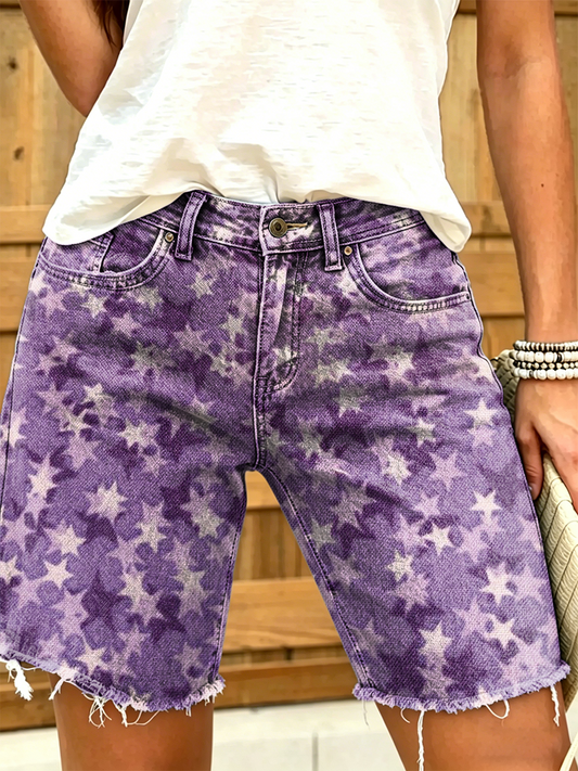 Women's Retro Star Art Print Casual Washed Cotton Denim Shorts
