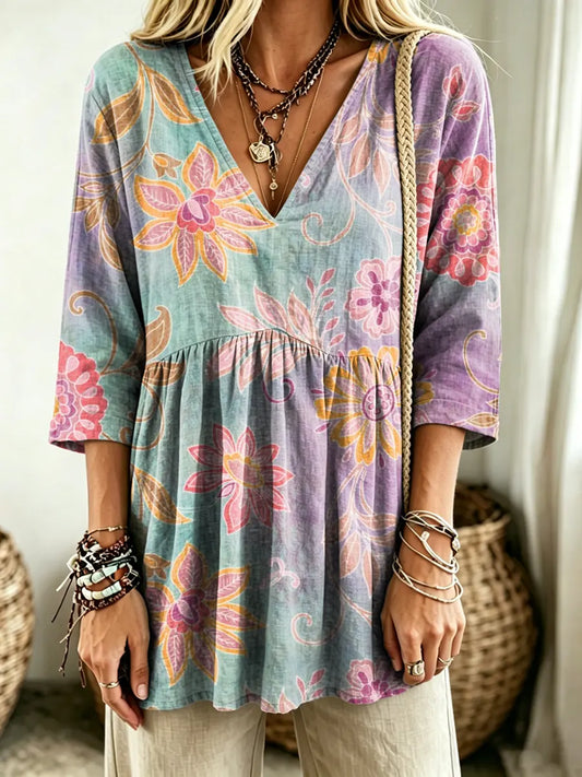 Women's Floral Paisley Prin V-Neck Casual Blouse