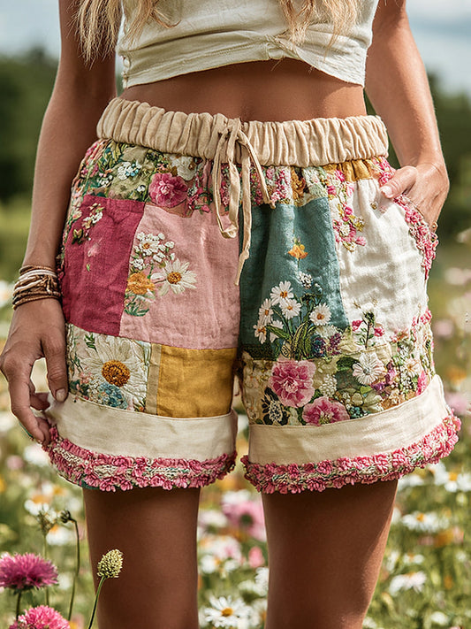 Women's Patchwork Floral Contrast Drawstring Shorts