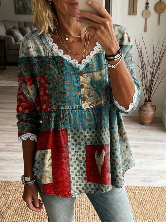 Women's Retro Colorful Floral Heart Art Print Casual V-Neck Lace-Spliced Top
