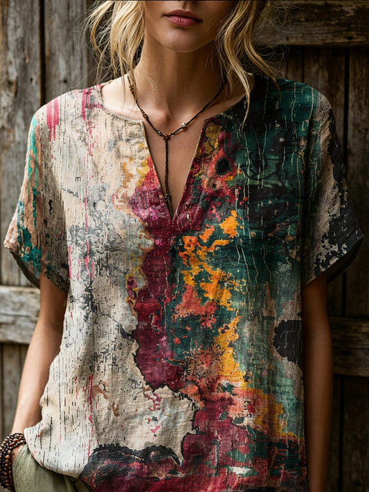 Women's Retro Colorful Art Print Casual Short-sleeve V-neck Cotton Linen Shirt