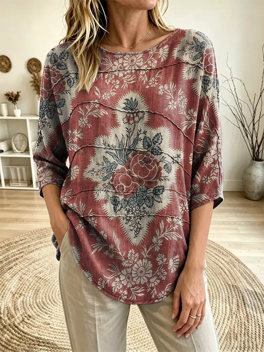 Women's Retro Floral Printed Three Quarter Sleeve Casual Blouse