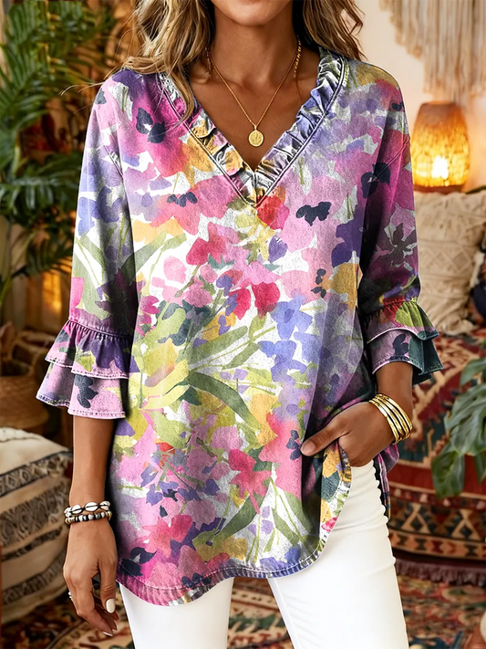 Ethnicity Watercolor Flowers Women's Art Print Casual V-neck Ruffled Washed Top