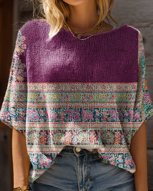Women's Retro Ethnic Totem Floral Art Print Casual Short Sleeves Pullover Sweater