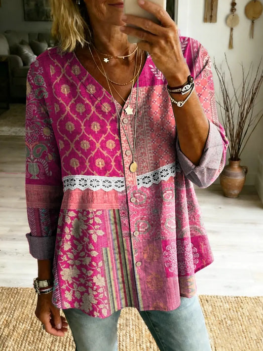 Women's Bohemian Ethnic Collage Art Print V-Neck Lace Shirt