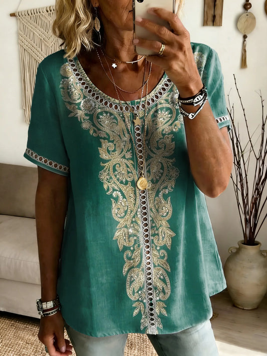 Women's Bohemian Ethnic Totem Art Print Casual Cutout Short-Sleeve Top