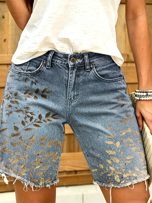 Women's Gold Leaf Print Mid-Length Frayed Hem Denim Bermuda Shorts