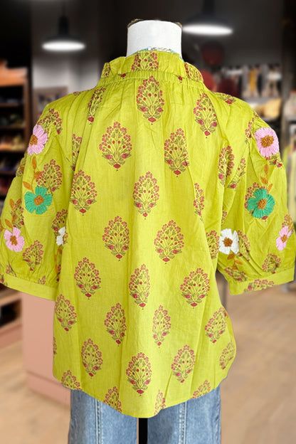 Floral Print Embroidered Puff Sleeve Top