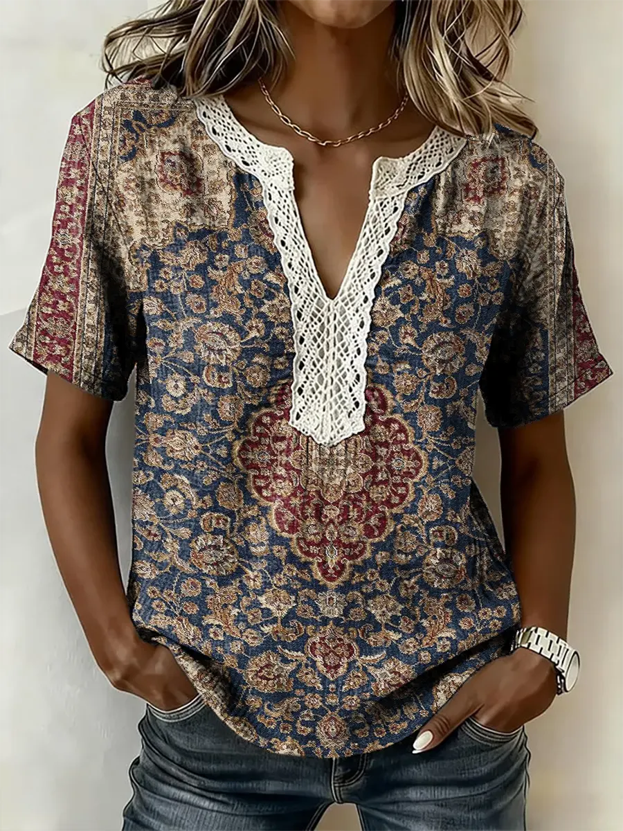 Women's Ethnic Art Print Short-sleeved Lace-trimmed V-neck Shirt