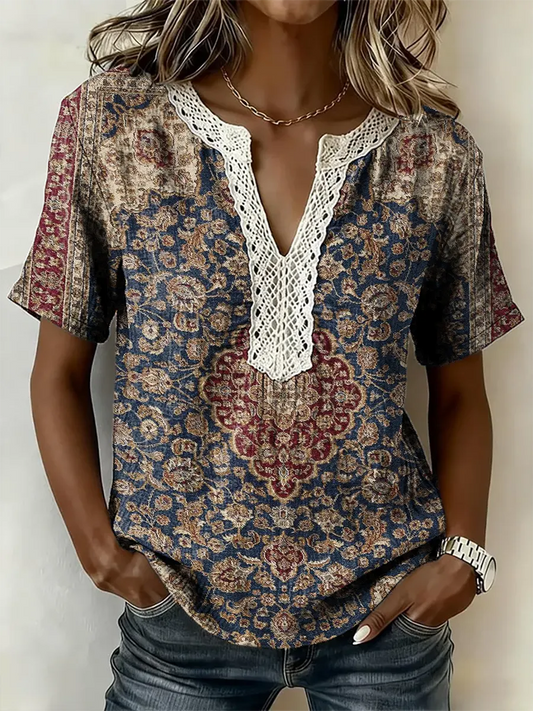 Women's Ethnic Art Print Short-sleeved Lace-trimmed V-neck Shirt