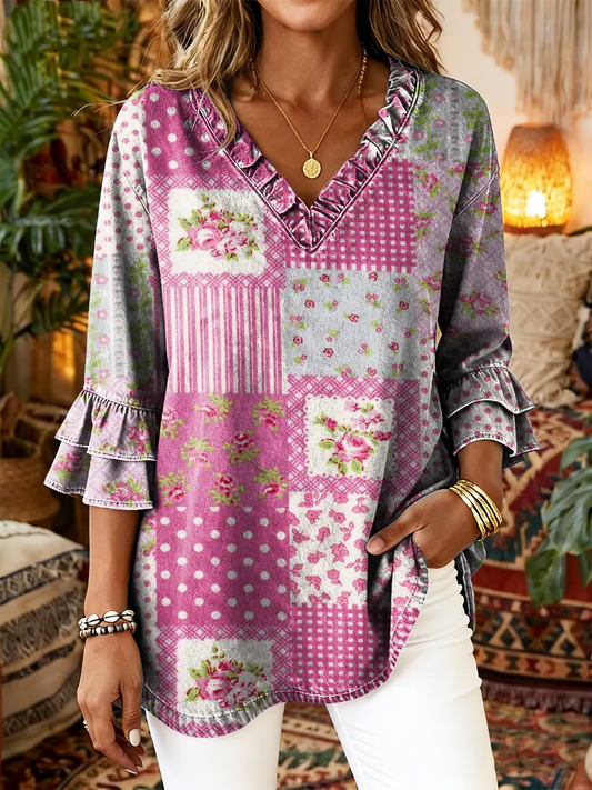 Women's Vintage Floral Art Print Casual Ruffled Washed Shirt