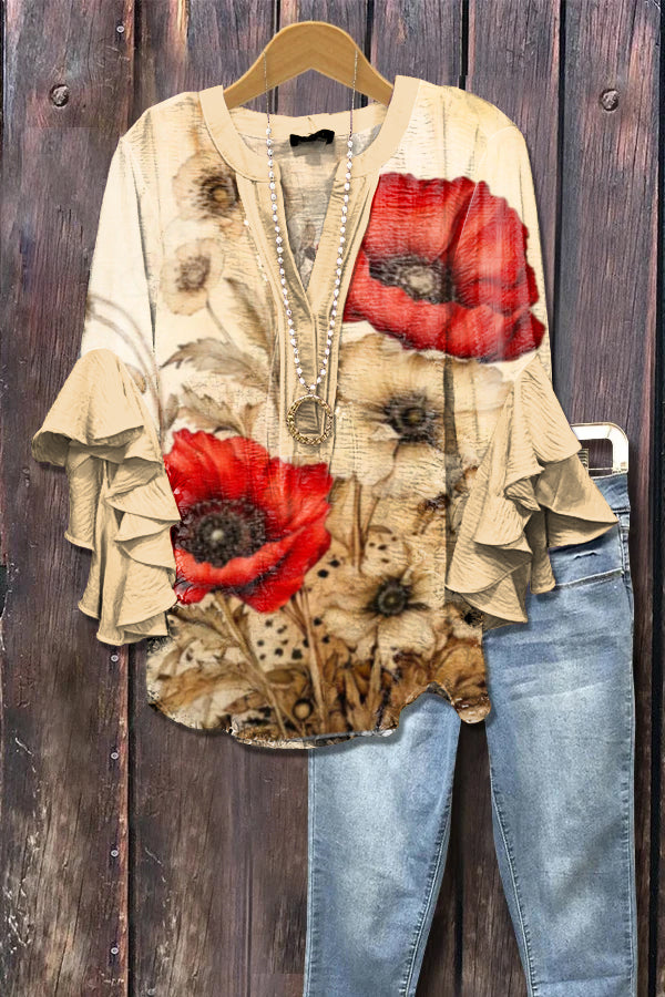 Elegant Poppy Print Ruffle Sleeve Top