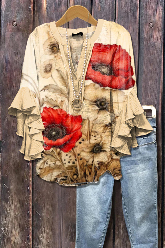 Elegant Poppy Print Ruffle Sleeve Top