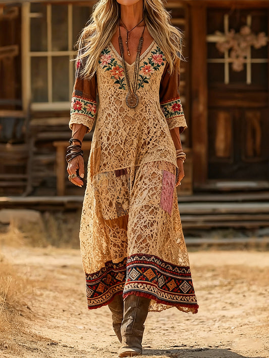 Women's Vintage Ethnic Floral Lace Art Print Casual V-Neck Long-Sleeve Cotton Dress