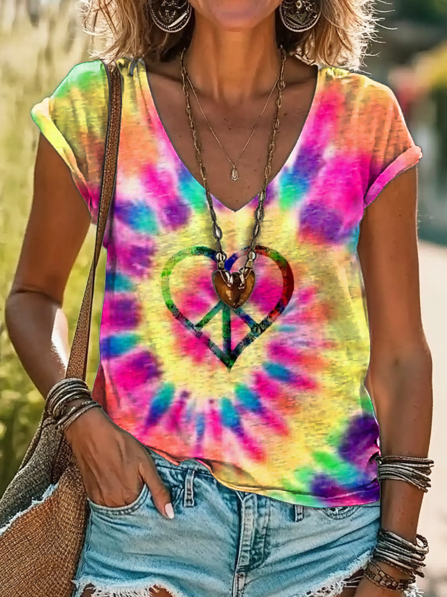 Women's Peace Sign Tie Dye Print Cotton V-neck T-Shirt