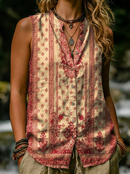 Women's Red Ethnic Floral Pattern Art Print Casual Sleeveless Shirt Vest