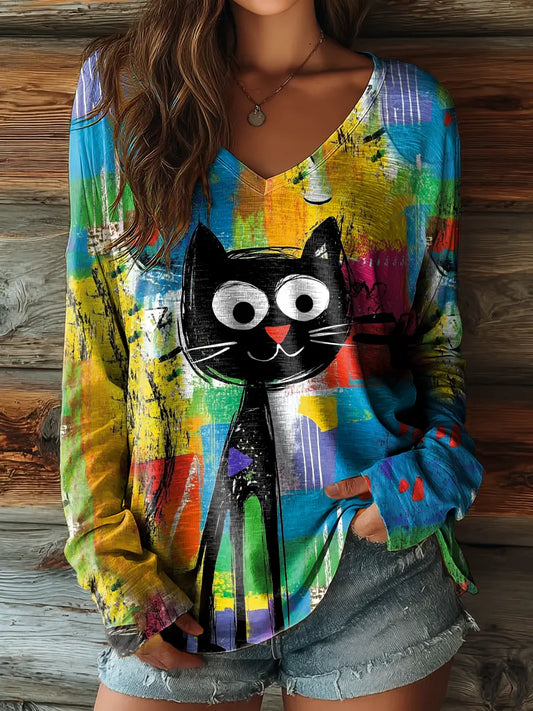 Women&#39;s Retro Oil Painting Black Cat Art Print Casual V-neck Long Sleeve T-shirt