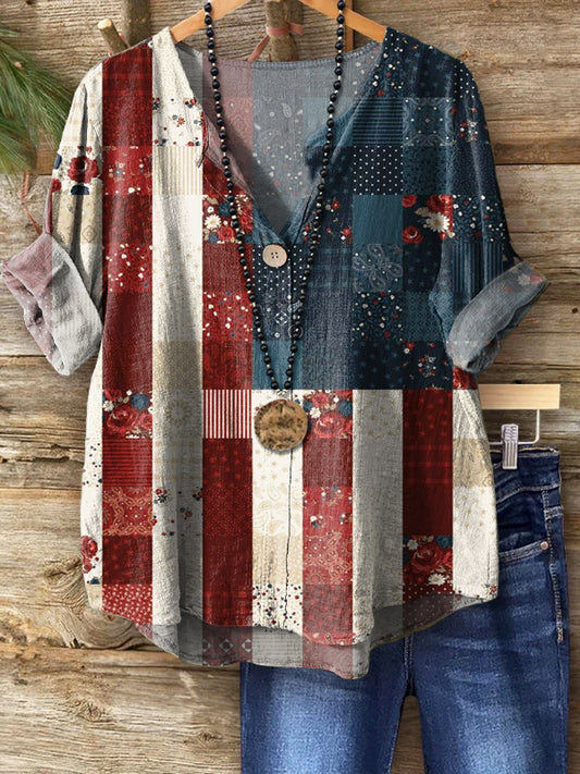 Women's Flag Collage Pattern Print Casual Cotton Linen Shirt