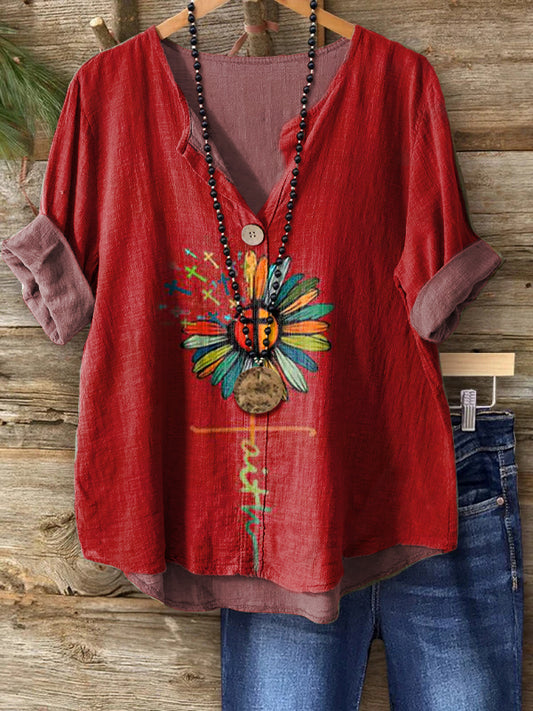 Women's Hippie Floral Art Print Casual Cotton Linen Shirt