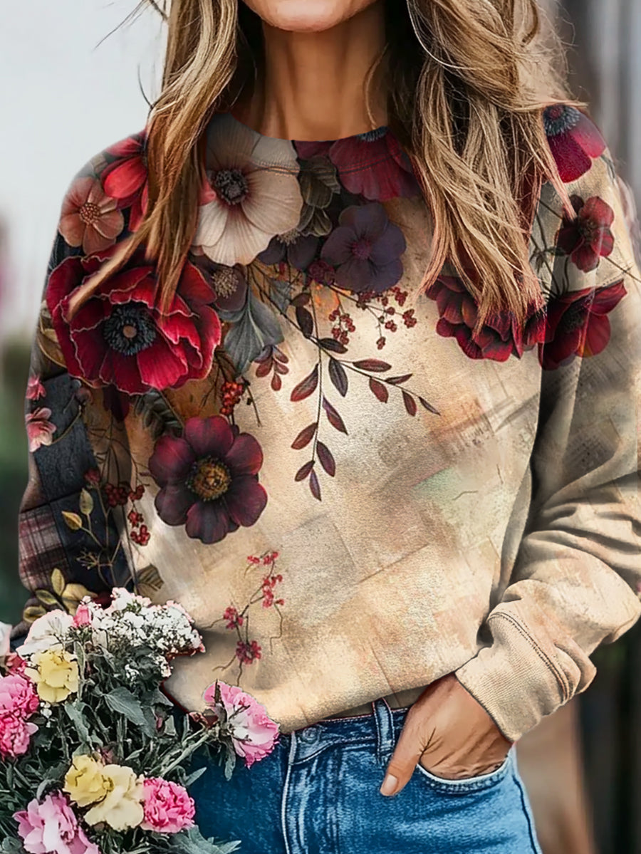 Women's Floral Print Casual Crew Neck Sweatshirt