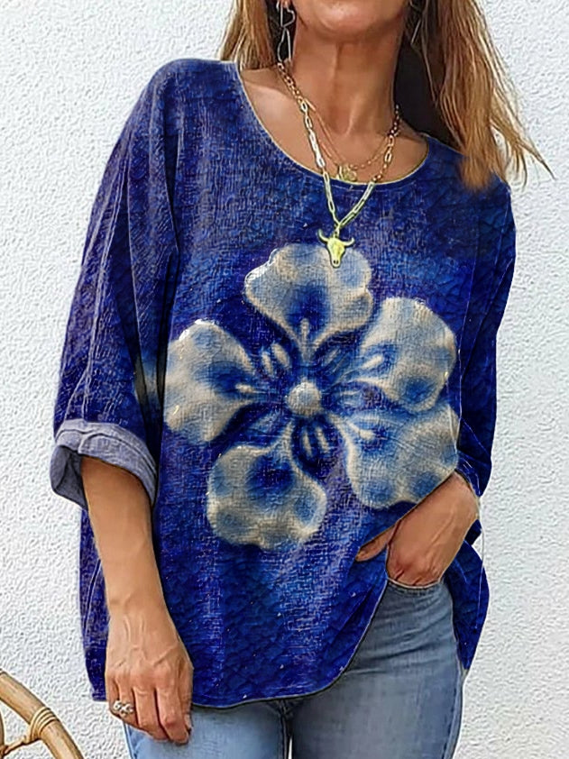 Floral Pattern Art Print Cotton Linen Women's Casual Shirt