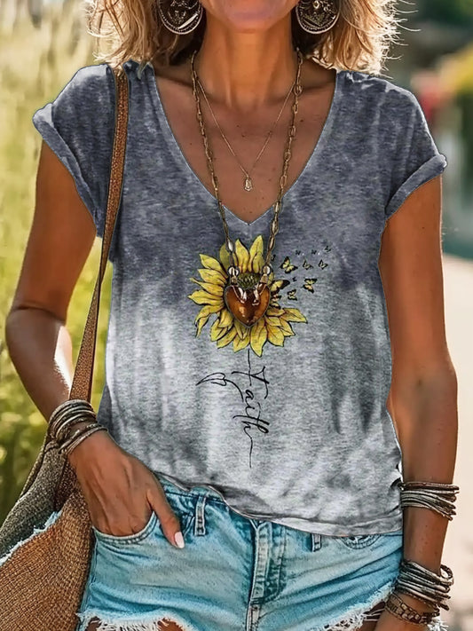 Floral Art Print 100% Cotton V-Neck T-Shirt