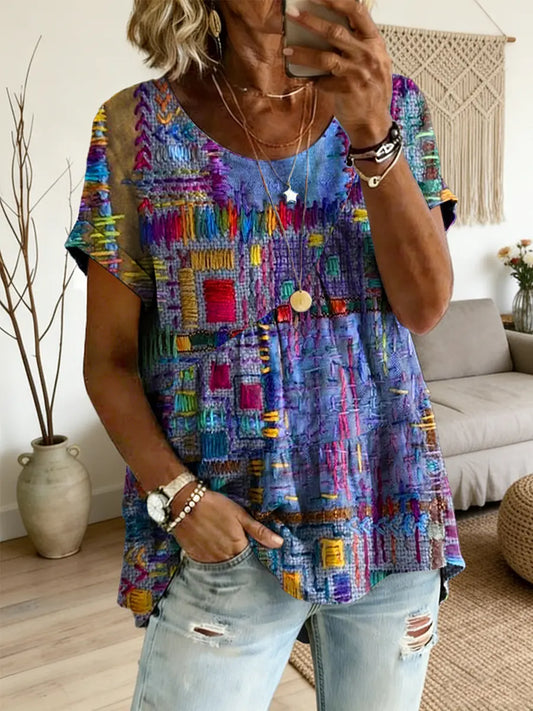 Ethnicity Geometry Texture Women's Art Print Round Neck Loose Short-sleeved Shirt