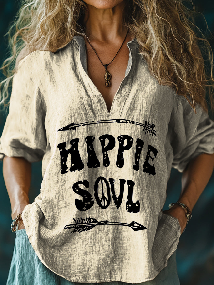 Women's Hippie Soul Print Casual Linen V-neck Shirt