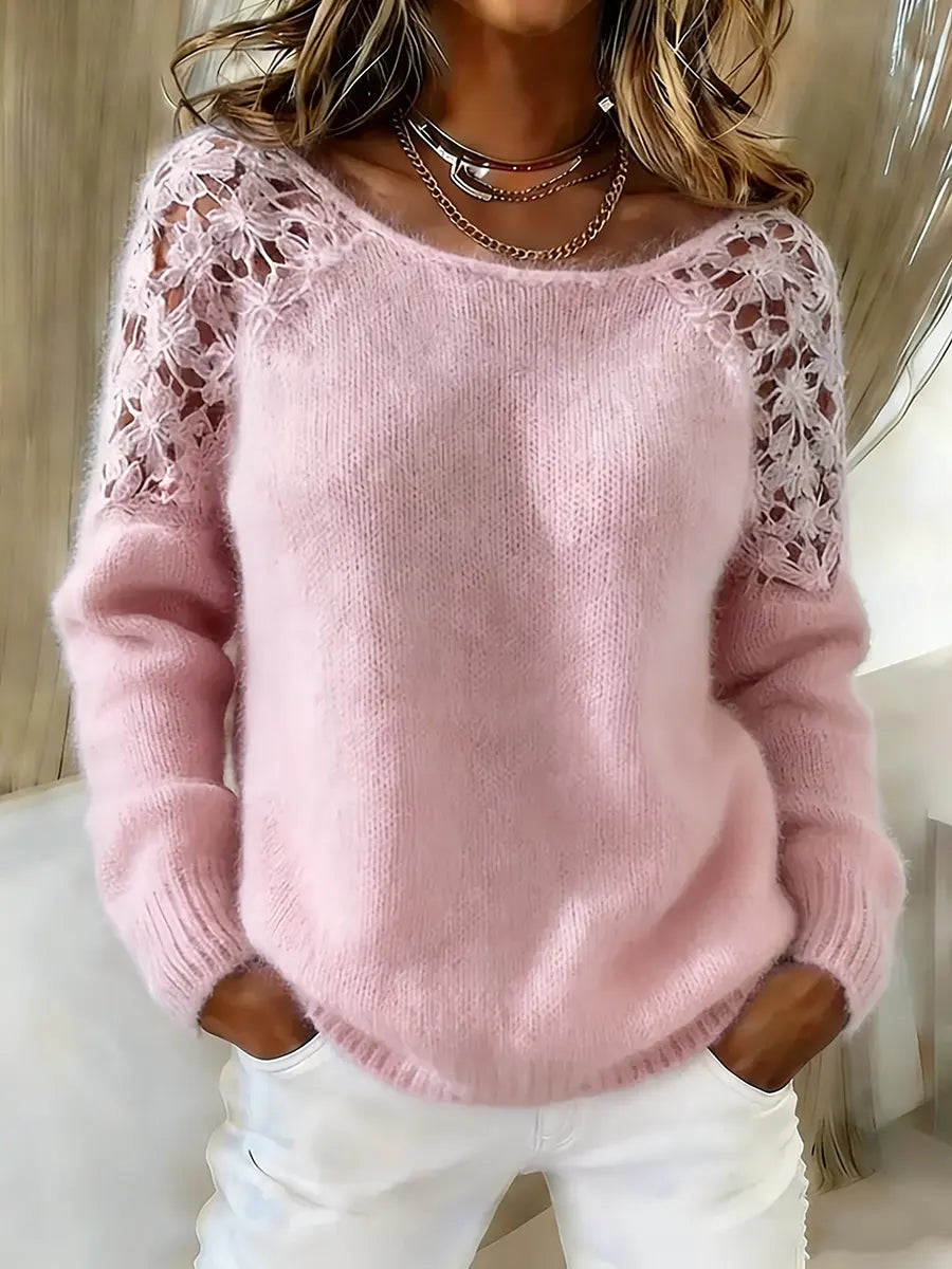 Women's Lace Patchwork Long Sleeve Crew Neck Sweater