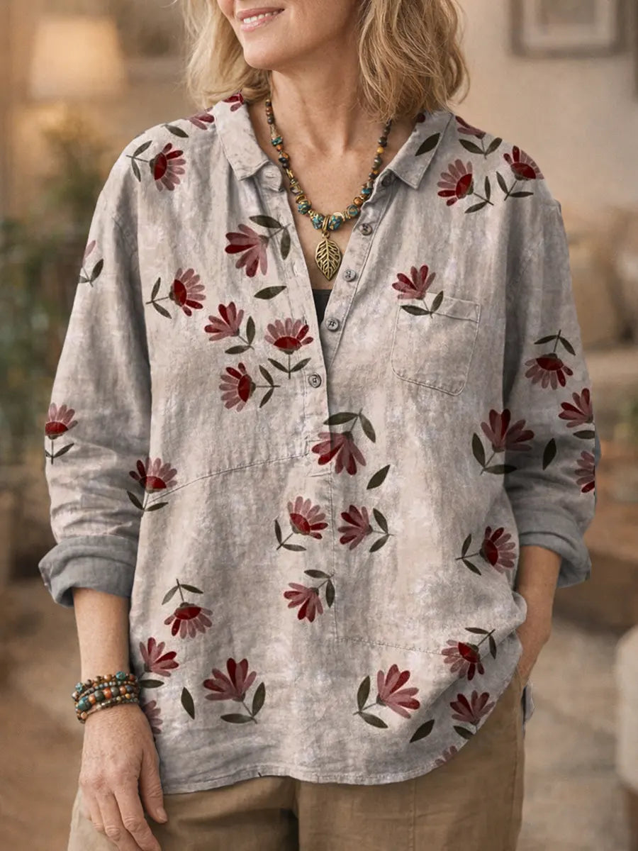 Ethnicity Geometry Flowers Women's Print Casual Cotton And Linen Shirt
