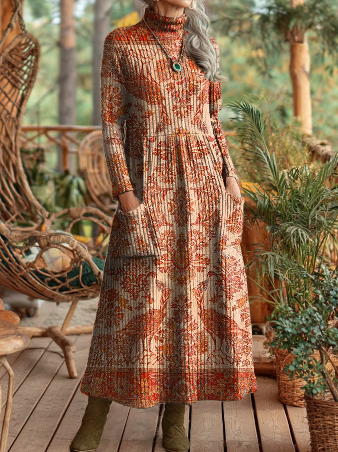 Women's Vintage Ethnic Orange Floral Totem Art Prints Elegant High Neck Pockets Knit Dresses