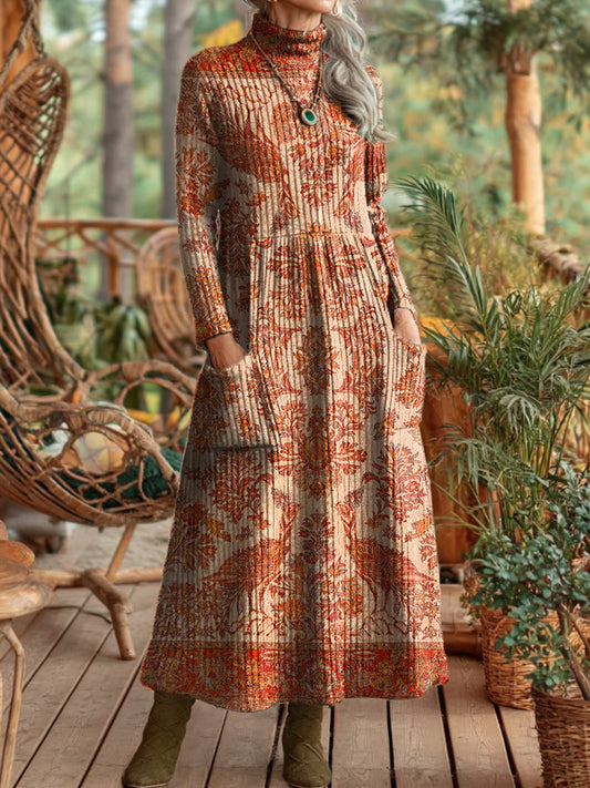 Women's Vintage Ethnic Orange Floral Totem Art Prints Elegant High Neck Pockets Knit Dresses