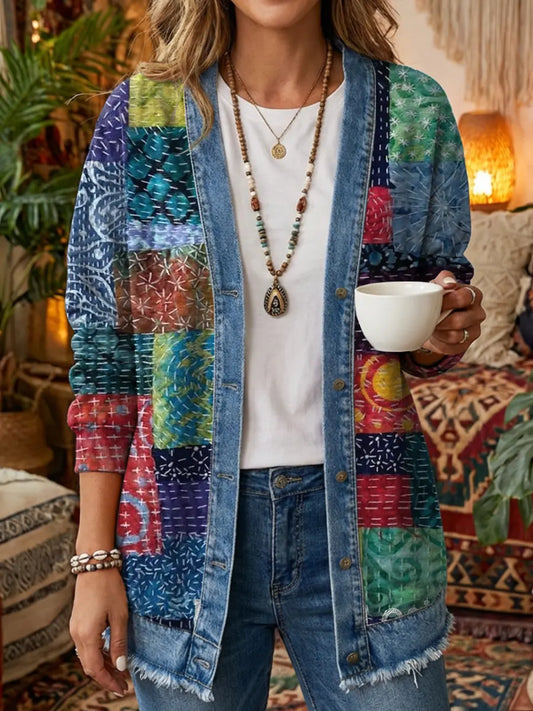 Women's Vintage-inspired Multi-color Patchwork Art Print Casual Long-sleeve Shirt Jacket