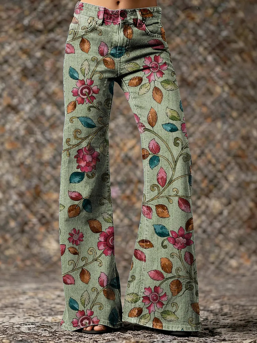 Ethnicity Flowers Leaves Green Women's Print Casual Wide Leg Pants