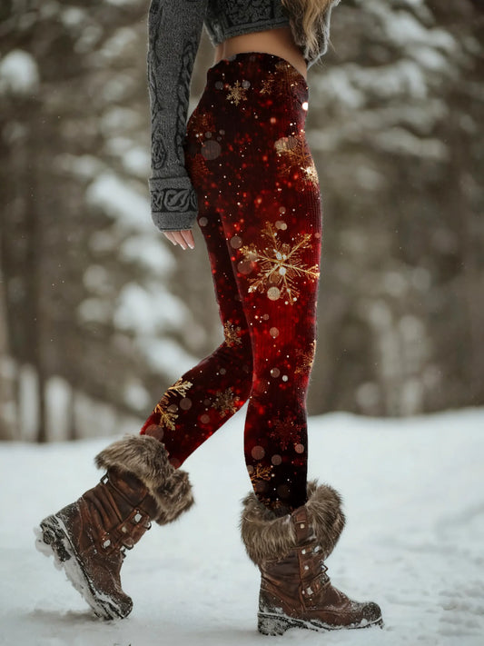 Christmas Red Snowflakes Women's Printed Knitted Leggings