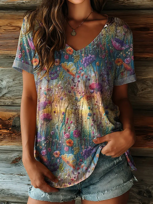 Women's Retro Floral Art Prints V Neck T-shirt