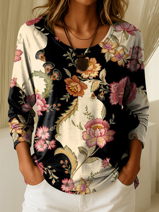 Women's Vintage Floral Art Print Casual Long-Sleeve Crew Neck T-Shirt