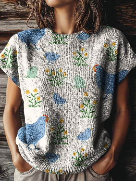 Women's Vintage Floral Chicken Art Print Casual Crew Neck Short Sleeve Knitted Sweater