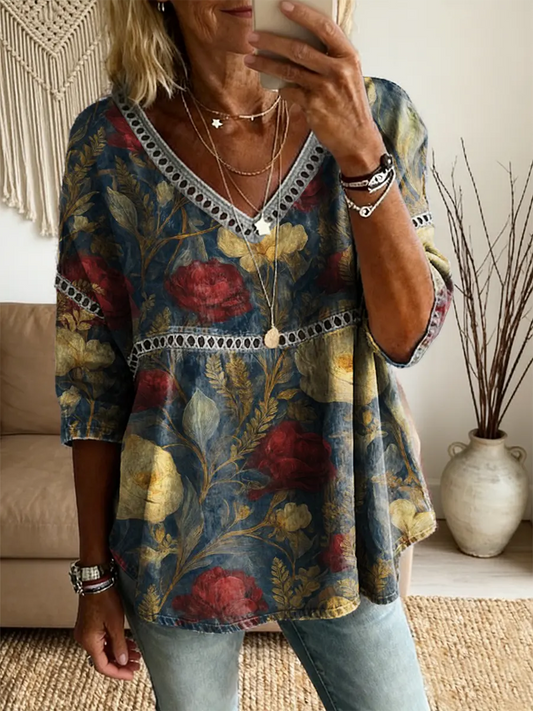 Women's Retro Floral Art Print V-Neck Lace Shirt