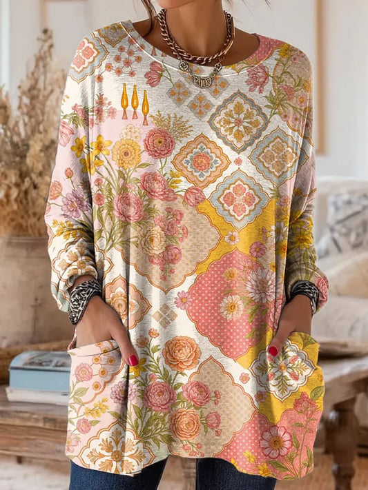 Women's Vintage Ethnic Floral Pattern Art Print Casual Long-sleeve T-shirt
